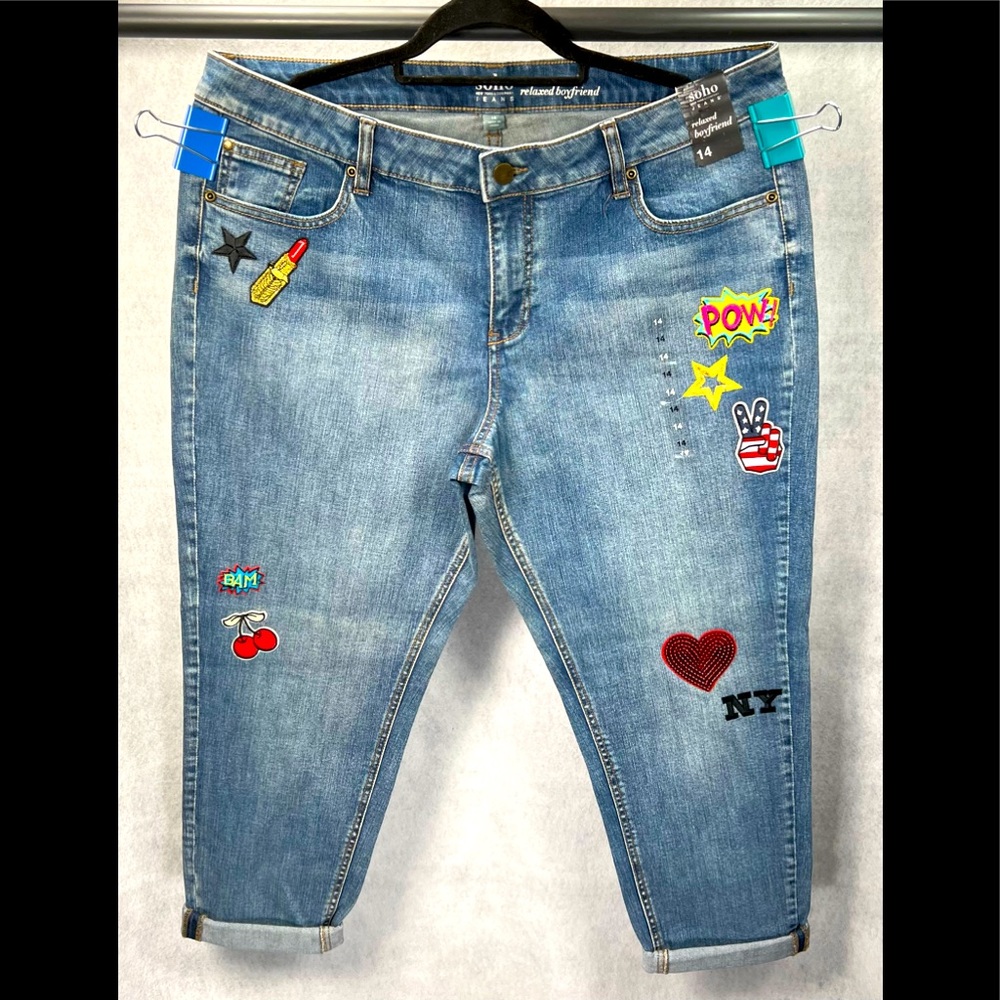 NEW! Soho Relaxed Boyfriend Fit Denim Jeans Women's Sz 14 Patches Y2K Peace NYC
